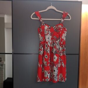 Vibrant Red Floral Mini Dress